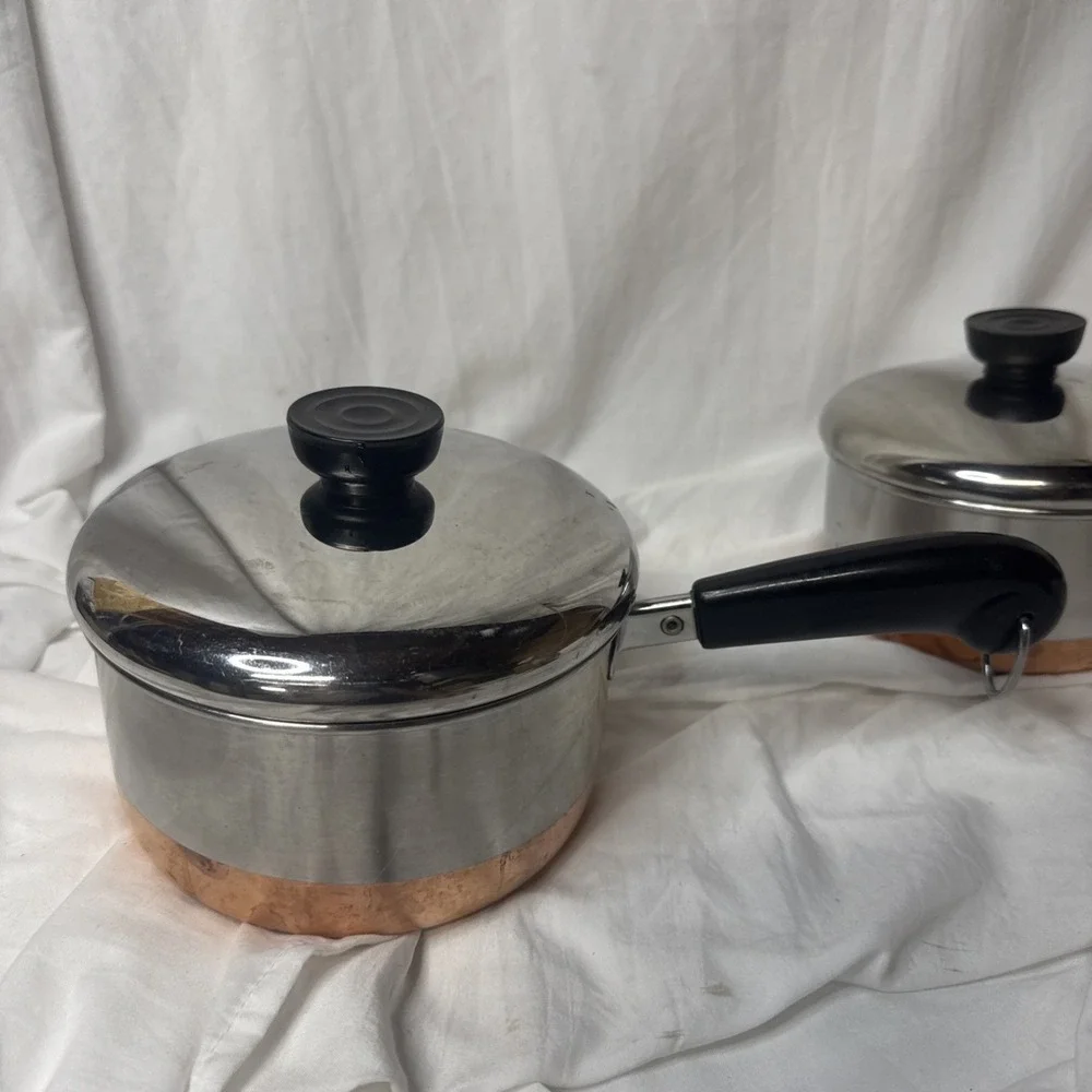 Vintage Revere Ware Sauce Pot Pan 2 Stainless Copper Clad 1 1/2 QT 1QT & Lids